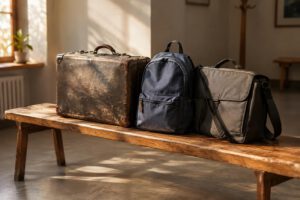 Eine ausdrücklich illustrative Stillleben-Aufnahme zeigt einen alten Reisekoffer neben einer schlichten Schultasche und einer Arbeitstasche auf einer Holzbank. Warmes Seitenlicht verbindet die unterschiedlichen Gegenstände; Schrift, Marken und erkenn