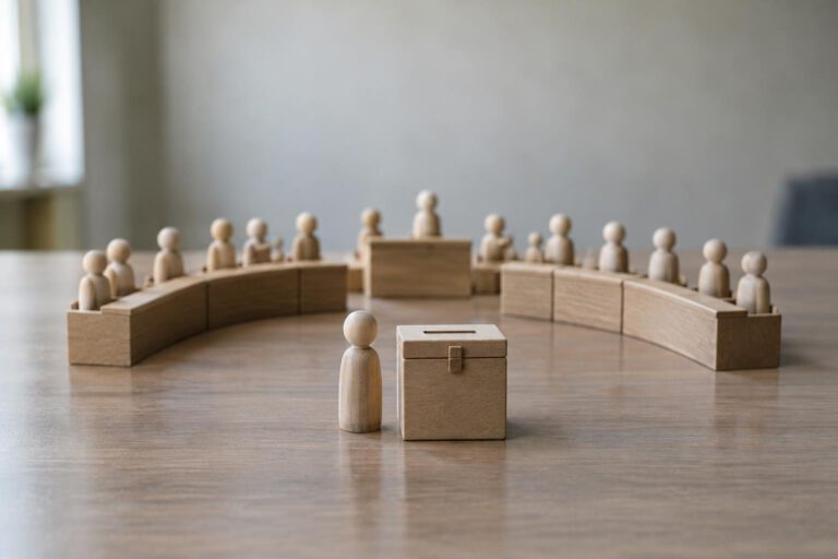 Eine stilisierte parlamentarische Sitzordnung aus kleinen Holzfiguren, davor eine einzelne neutrale Figur neben einer geschlossenen Wahlurne. Die Aufnahme ist als symbolisches Stillleben erkennbar; ohne reale Personen, Logos oder Schrift.