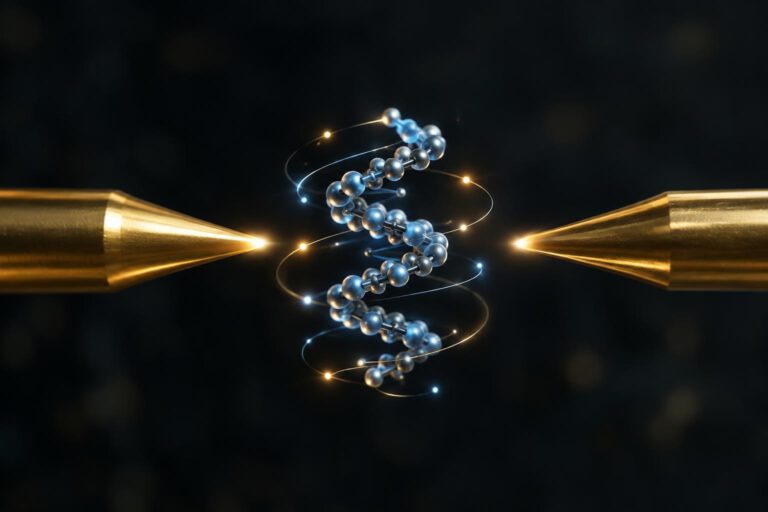 Eine deutlich als Illustration gestaltete, schraubenförmige Molekülstruktur schwebt zwischen zwei goldfarbenen Spitzen vor dunklem Hintergrund. Kleine leuchtende Punkte und dezente kreisförmige Lichtspuren symbolisieren Elektronenfluss und Drehbewegu