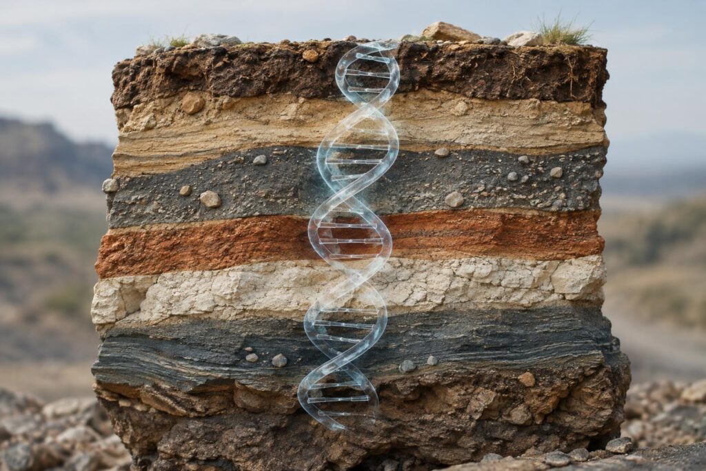 Eine ausdrücklich illustrative Darstellung zeigt einen aufgeschnittenen Höhlenboden mit verschiedenfarbigen Erdschichten und einzelnen Steinfragmenten. Eine abstrakte, transparente DNA-Doppelhelix verbindet mehrere Schichten; Menschen, Schrift und Lo