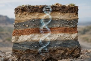 Eine ausdrücklich illustrative Darstellung zeigt einen aufgeschnittenen Höhlenboden mit verschiedenfarbigen Erdschichten und einzelnen Steinfragmenten. Eine abstrakte, transparente DNA-Doppelhelix verbindet mehrere Schichten; Menschen, Schrift und Lo