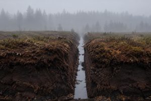 Symbolische, illustrative Ansicht einer dunklen Torfbodenschicht, die von einem schmalen Entwässerungsgraben durchschnitten wird. Darüber zieht ein grauer Schleier vor stilisierten Waldsilhouetten entlang; keine Menschen, Logos oder Schrift.
