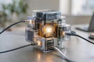 Eine abstrahierte Illustration zeigt mehrere ineinander verschachtelte, durchscheinende Gehäuse um einen leuchtenden Rechenkern. Einzelne Kabel führen durch kontrollierte Öffnungen nach außen; ein Lichtkegel macht diese Übergänge sichtbar, ohne Schri
