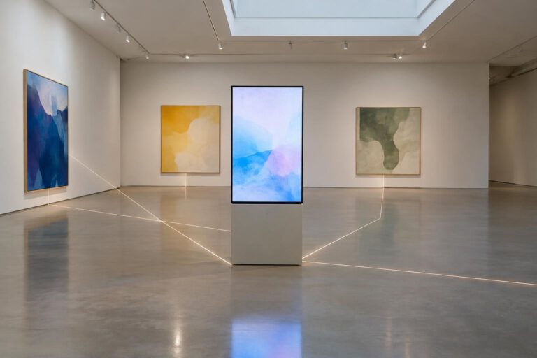 Eine ausdrücklich illustrative, räumliche Collage zeigt einen leeren Ausstellungssaal mit abstrakten Farbflächen in schlichten Rahmen und einer freistehenden digitalen Station. Feine Lichtlinien verbinden mögliche Blickpunkte; keine Schrift, Logos od