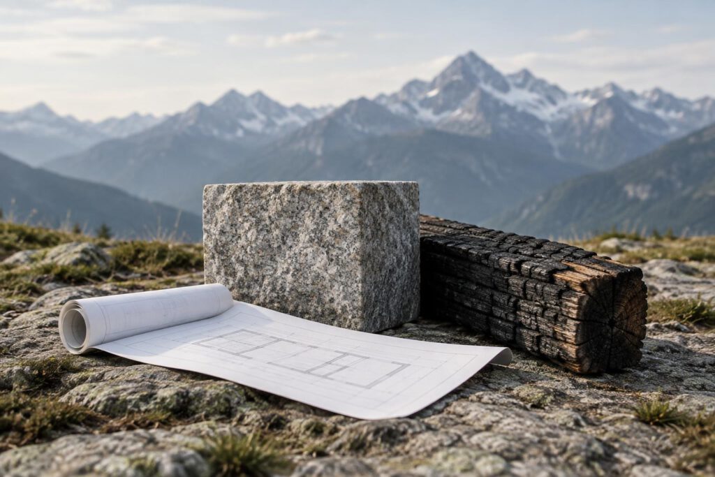 Eine klar als Illustration erkennbare Darstellung zeigt einen Granitquader und einen verkohlten Holzbalken vor einer abstrakten alpinen Bergsilhouette. Daneben liegt ein unbeschrifteter Bauplan; keine Personen, Schriftzüge oder realistisch nachgestel