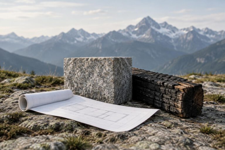 Eine klar als Illustration erkennbare Darstellung zeigt einen Granitquader und einen verkohlten Holzbalken vor einer abstrakten alpinen Bergsilhouette. Daneben liegt ein unbeschrifteter Bauplan; keine Personen, Schriftzüge oder realistisch nachgestel
