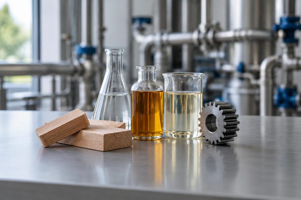 Auf einer neutralen Laborbank stehen unbeschriftete Glasgefäße mit klaren und bernsteinfarbenen Flüssigkeiten neben Buchenholzstücken und einem Metallzahnrad. Unscharfe Rohrleitungen im Hintergrund verbinden die Gegenstände zu einem erkennbar symboli