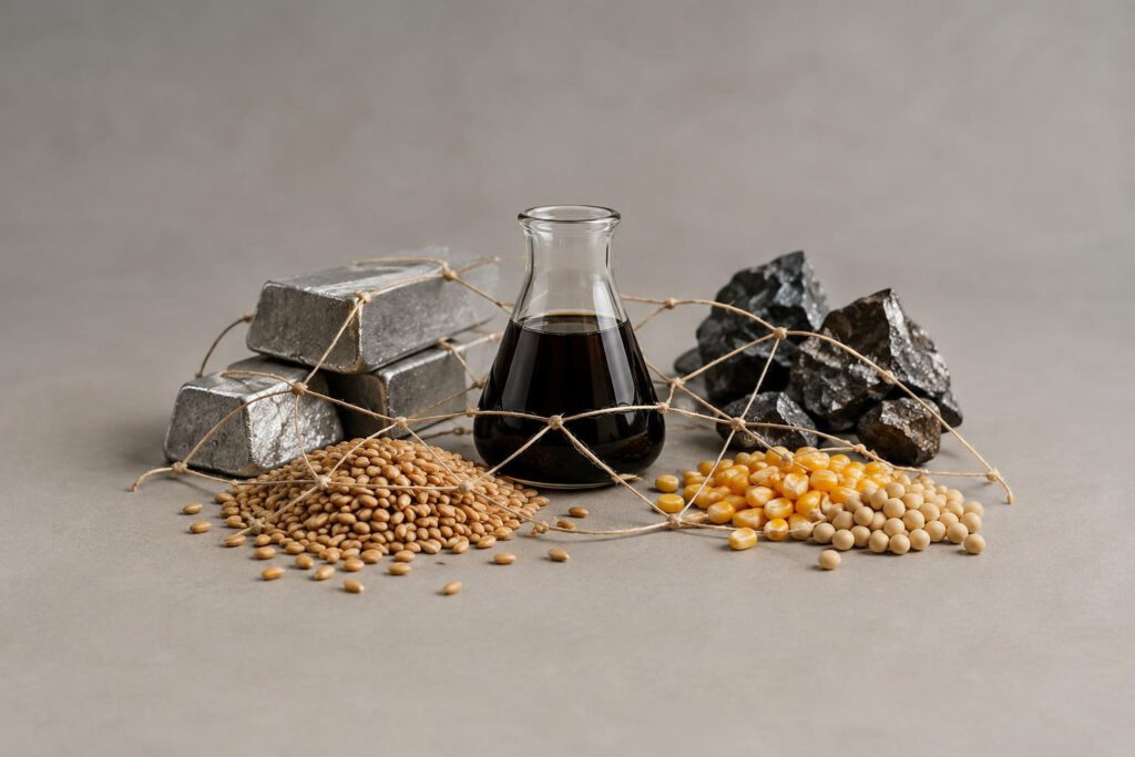 Eine klar als Symbolbild gestaltete Studioaufnahme zeigt Metallstücke, Getreidekörner und ein Glasgefäß mit dunkler Flüssigkeit auf einer neutralen Fläche. Dazwischen verlaufen verzweigte Schnüre als Sinnbild internationaler Lieferketten, ohne Schrif