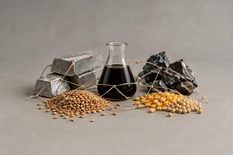 Eine klar als Symbolbild gestaltete Studioaufnahme zeigt Metallstücke, Getreidekörner und ein Glasgefäß mit dunkler Flüssigkeit auf einer neutralen Fläche. Dazwischen verlaufen verzweigte Schnüre als Sinnbild internationaler Lieferketten, ohne Schrif
