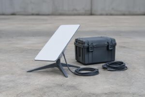 Eine unbeschriftete, flache Satellitenantenne steht neben einer geschlossenen Transportkiste auf einer neutralen Betonfläche. Ein angeschlossenes Kabel und ein zweites, lose aufgerolltes Kabel symbolisieren Verbindung und Reserve; keine Menschen, Log