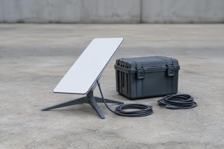 Eine unbeschriftete, flache Satellitenantenne steht neben einer geschlossenen Transportkiste auf einer neutralen Betonfläche. Ein angeschlossenes Kabel und ein zweites, lose aufgerolltes Kabel symbolisieren Verbindung und Reserve; keine Menschen, Log