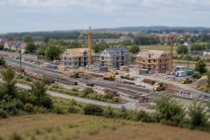 Eine klar als Illustration erkennbare Miniaturlandschaft zeigt nebeneinander eine breite Gleisbaustelle und mehrere unfertige Wohnhäuser. Kleine Baufahrzeuge und ruhende Kräne verdeutlichen die unterschiedlichen Bautempi, ohne Personen, Beschriftunge