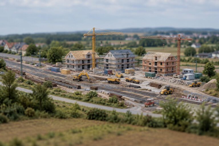 Eine klar als Illustration erkennbare Miniaturlandschaft zeigt nebeneinander eine breite Gleisbaustelle und mehrere unfertige Wohnhäuser. Kleine Baufahrzeuge und ruhende Kräne verdeutlichen die unterschiedlichen Bautempi, ohne Personen, Beschriftunge
