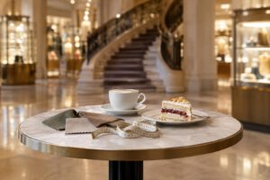 Auf einem kleinen Cafétisch stehen eine weiße Tasse und ein Stück Torte; daneben liegen ein Stoffmuster und ein Maßband. Im unscharfen Hintergrund sind eine geschwungene Treppe und warm beleuchtete Vitrinen eines symbolischen Kaufhausinterieurs zu se
