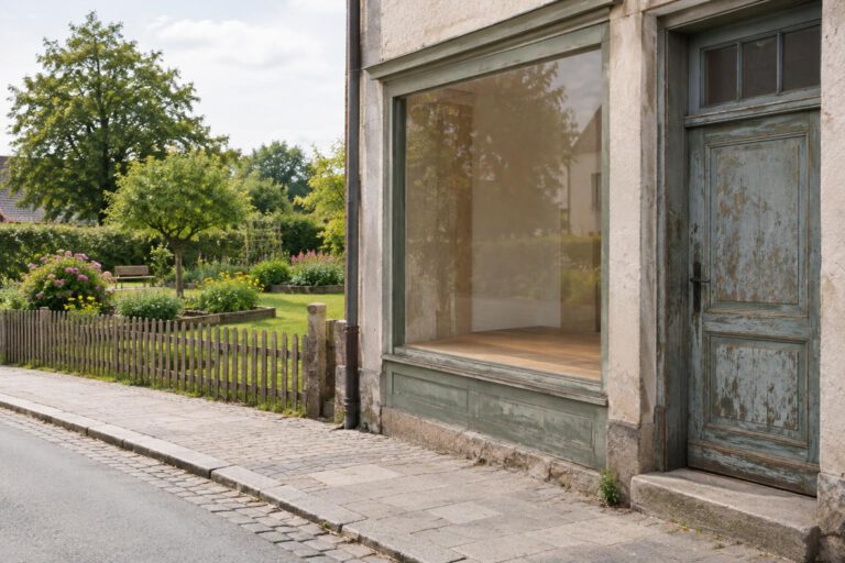 Eine ausdrücklich illustrative, leicht abstrahierte Darstellung eines dörflichen Straßenabschnitts: Im Vordergrund eine verwitterte Haustür und ein leeres Schaufenster, dahinter ein gepflegter Gemeinschaftsgarten. Keine Menschen, keine Schrift, keine