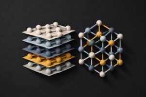 Auf einer dunklen Fläche liegen zwei abstrakte Kugel-Stab-Modelle: eines in flachen Schichten, das andere als räumlich vernetztes Gitter. Seitliches Licht betont die unterschiedlichen Anordnungen; die Darstellung ist erkennbar ein Symbolbild, ohne Sc