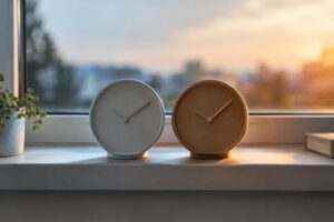 Eine reduzierte, ausdrücklich illustrative Stilllebenaufnahme zeigt zwei schlichte Uhren ohne Ziffern auf einer Fensterbank. Kühles Morgenlicht fällt auf die eine, warmes Abendlicht auf die andere; keine Schrift, Logos oder Personen sind sichtbar.