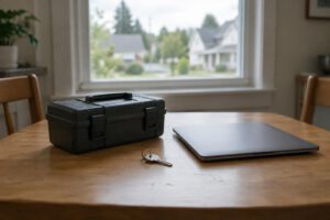 Eine bewusst arrangierte Symbolaufnahme zeigt einen Wohnungsschlüssel, einen schlichten Werkzeugkoffer und einen geschlossenen Laptop auf einem kleinen Küchentisch. Durch das Fenster sind unscharfe Wohnhäuser einer amerikanischen Vorstadt zu sehen; M