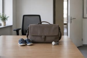 Eine sachlich gestaltete Symbolaufnahme zeigt auf einem Tisch eine geschlossene Arbeitstasche neben kleinen Kinderschuhen und einer schlichten Uhr ohne Ziffern. Im Hintergrund stehen ein leerer Bürostuhl und eine halb geöffnete Tür; Personen, Schrift